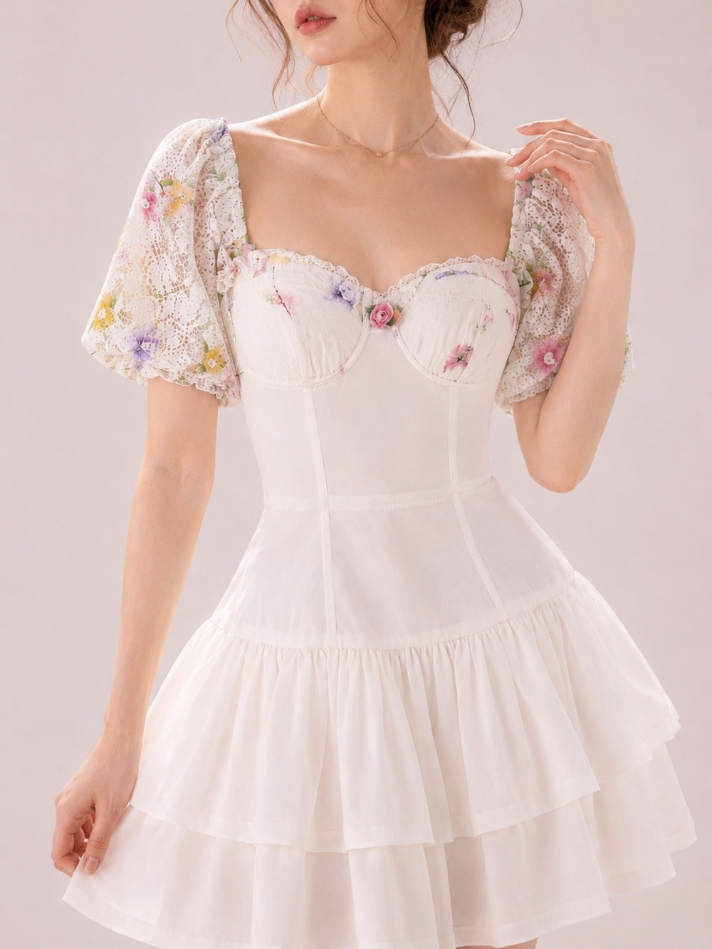 CHICME Like New Milkmaid Cottage Lace Pastel Floral Puff Sleeve Mini Dress Sz XL